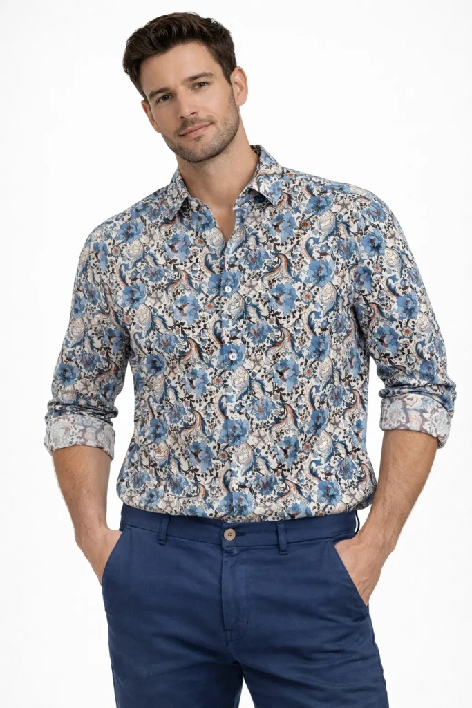 Camicia uomo fantasia Landek Park cotone stretch modern fit casual elegante