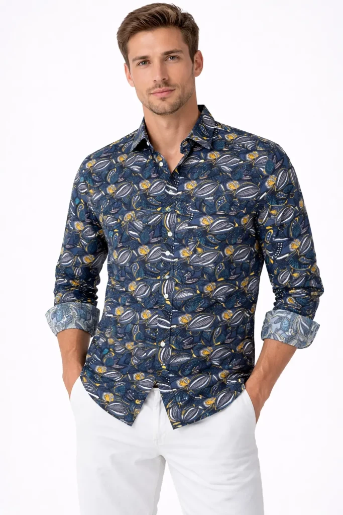 Camicia uomo slim fit Landek Park fantasia in cotone elasticizzato