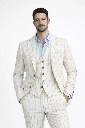 Giacca uomo Telamira a righe in cotone beige con gilet coordinato