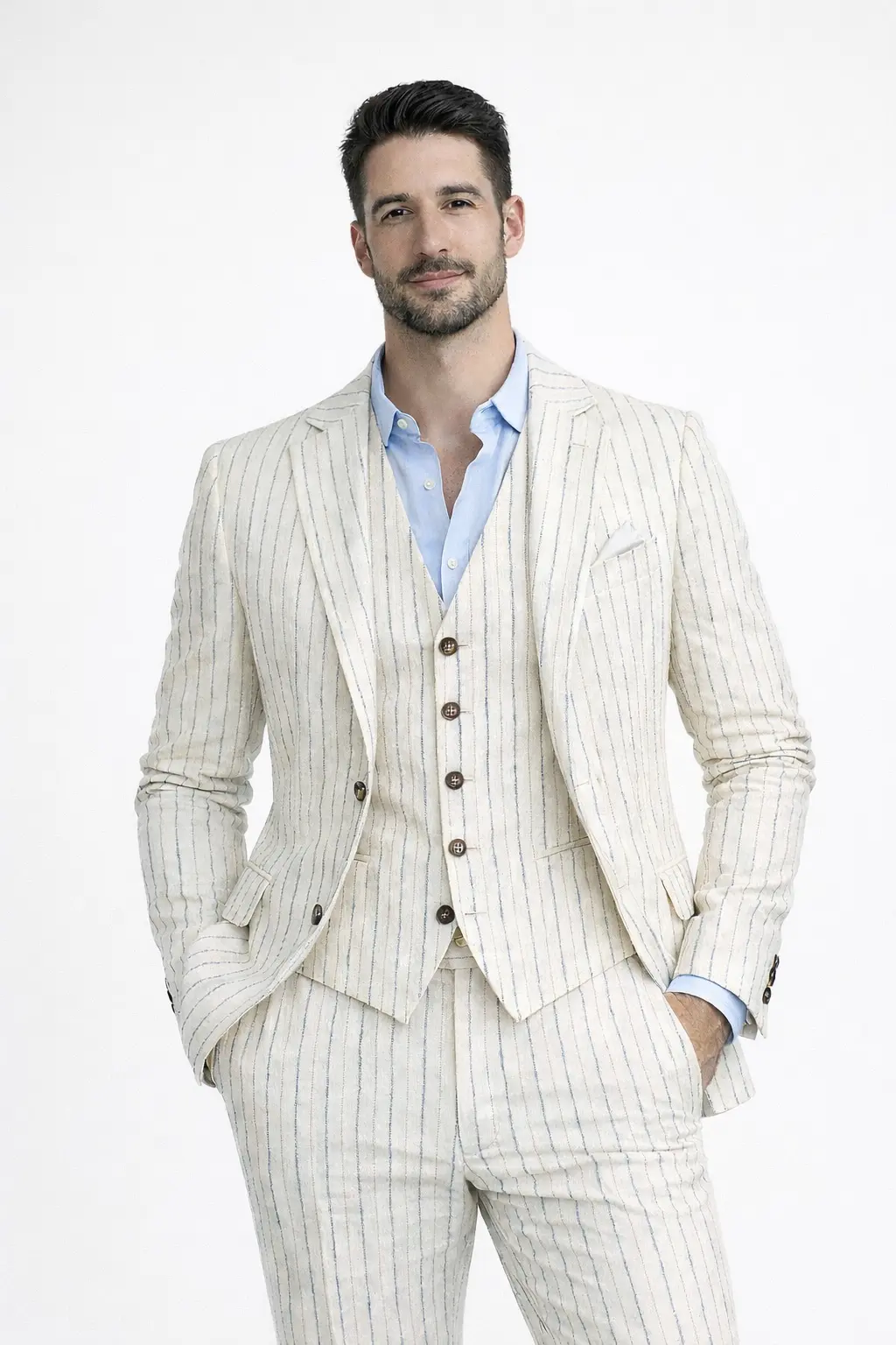 Giacca uomo Telamira a righe in cotone beige con gilet coordinato