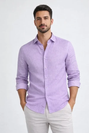 Camicia uomo Telamira slim fit in lino e cotone lilla