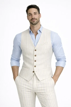 Gilet uomo Telamira a righe in cotone beige elegante con bottoni