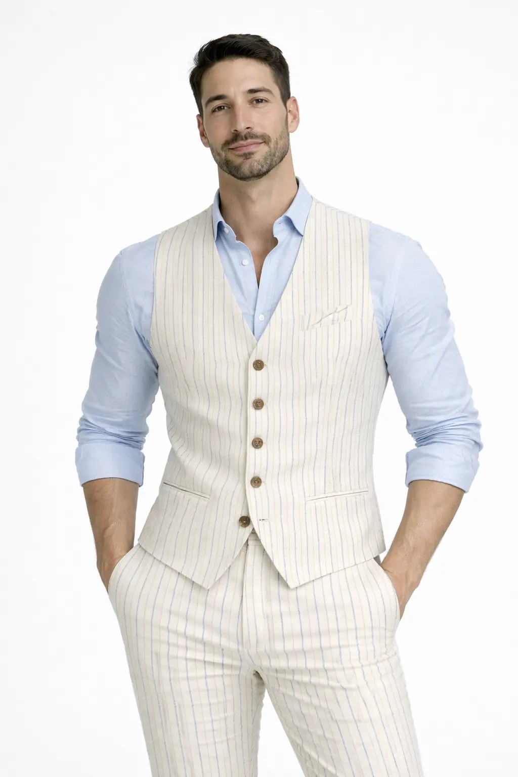 Gilet uomo Telamira a righe in cotone beige elegante con bottoni