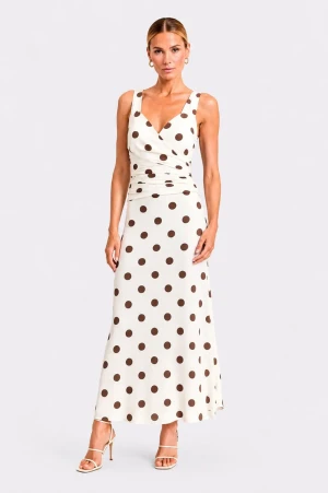 Abito lungo donna bianco con pois marroni