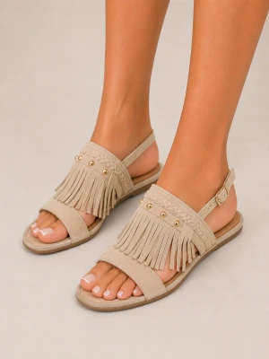 Sandali donna beige flat con frange decorative e cinturino