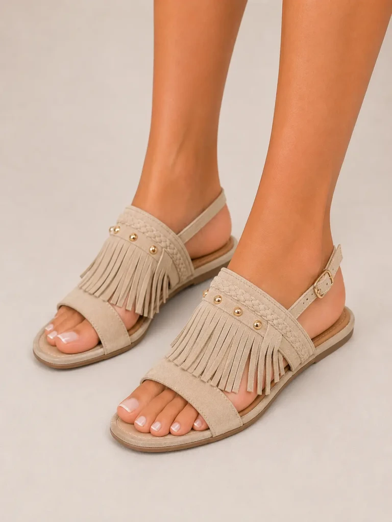 Sandali donna beige flat con frange decorative e cinturino