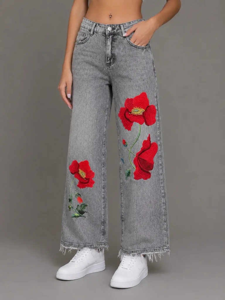 Jeans donna wide leg grigi con ricami floreali rossi