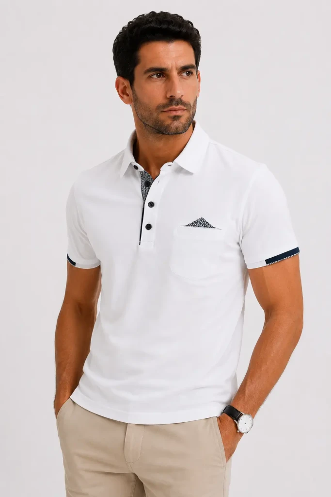 Polo uomo On Off bianca in cotone stretch con taschino