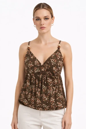 Top donna floreale marrone con spalline decorate