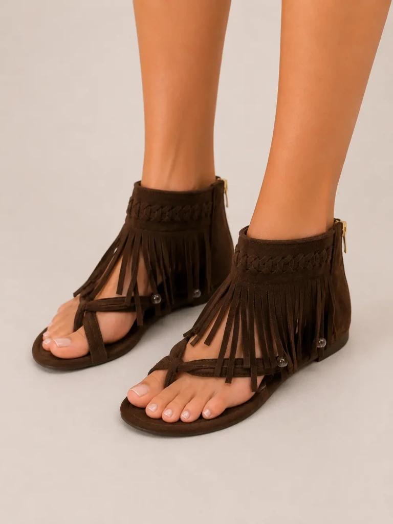 Sandali donna marroni con frange stile boho