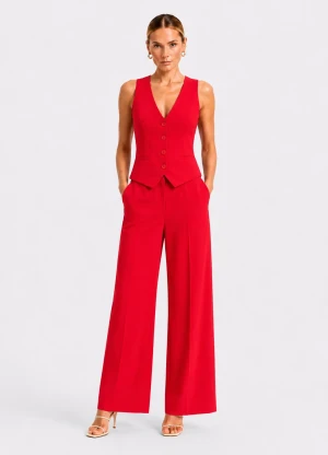Completo donna rosso con gilet e pantalone palazzo