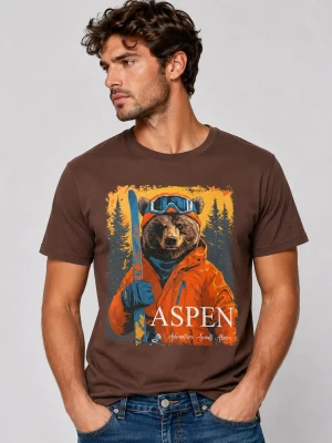 T-shirt uomo Landek Park 100% cotone marrone con stampa orso sciatore Aspen