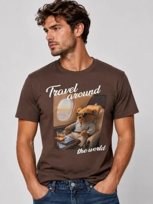 T-shirt uomo Landek Park 100% cotone marrone con stampa orso Travel Around the World