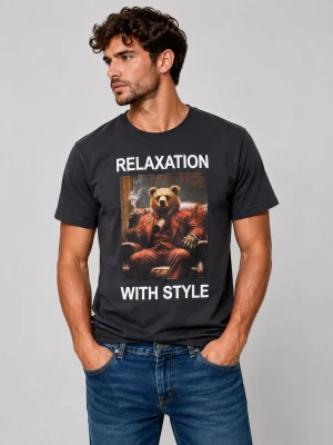 T-shirt uomo Landek Park 100% cotone nera con stampa orso Relaxation With Style