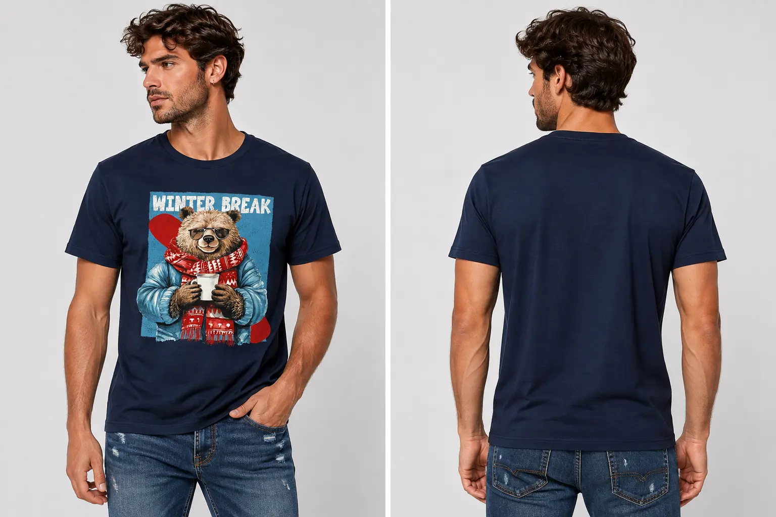 T-shirt Uomo Landek Park 100% Cotone Stampa Orso Winter Break LK2641 - immagine 2