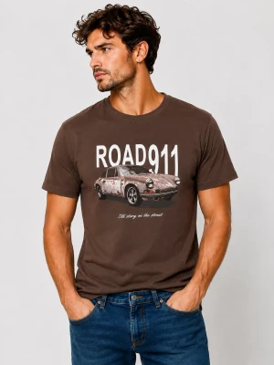 T-shirt uomo Landek Park 100% cotone marrone con stampa auto Road 911