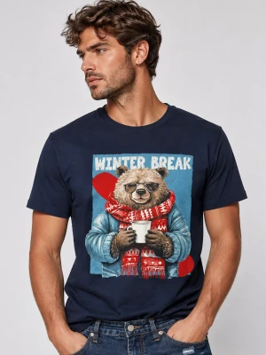 T-shirt uomo Landek Park 100% cotone blu navy con stampa orso Winter Break