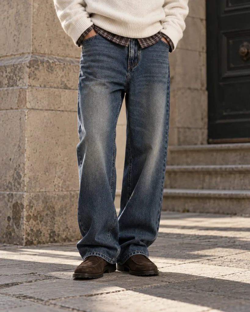 Jeans uomo baggy con lavorazione tono su tono